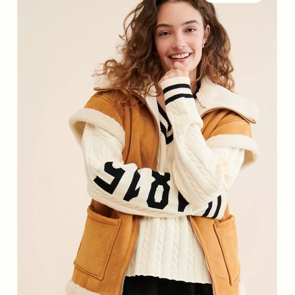 Anthropologie Blank NYC Faux Suede  Tan and Cream Sherpa Lined Vest Sz L - Picture 4 of 11